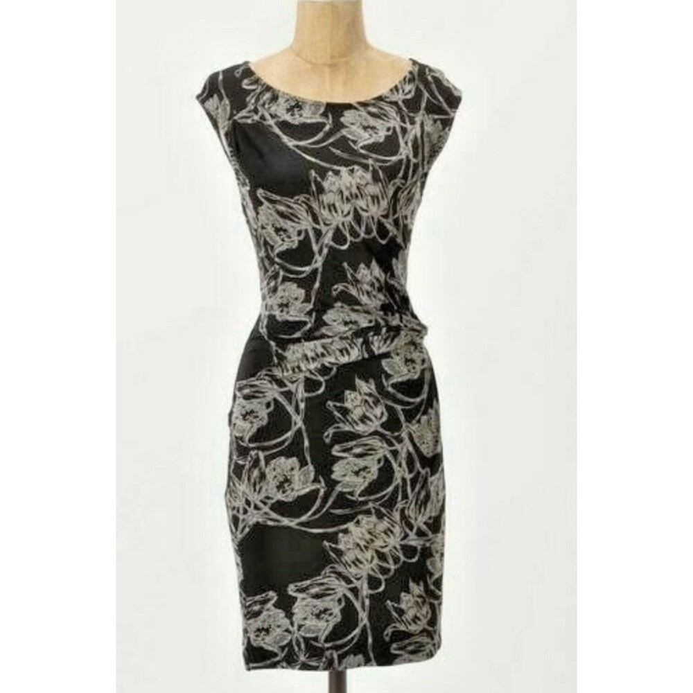 Leifsdottir Anthropologie Dress XS Black Grey Floral Ruched Side Knot Sleeveless